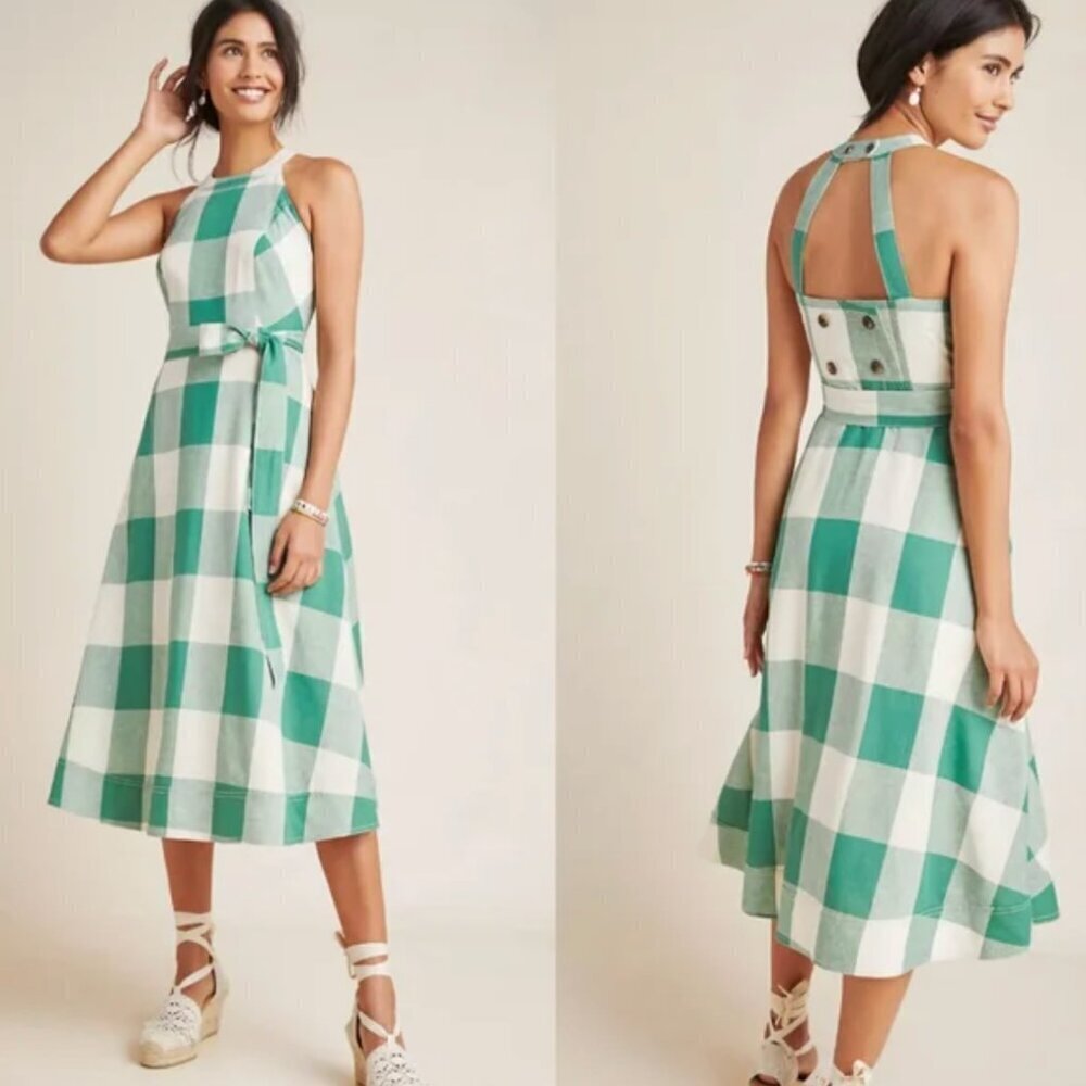 Maeve Anthropologie Green White Gingham Checked Linen Tie Waist Midi Dress, 6